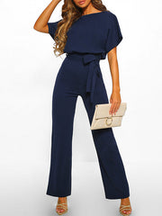 Weites Bein Jumpsuit Damen – Gürtel & Kurzarm – Dunkelblau