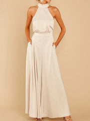 Damen-Jumpsuit mit Neckholder und weitem Bein – Hell-Weiß