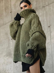 Emma | Damen Grober Oversize Rollkragen Strickpullover – Grün