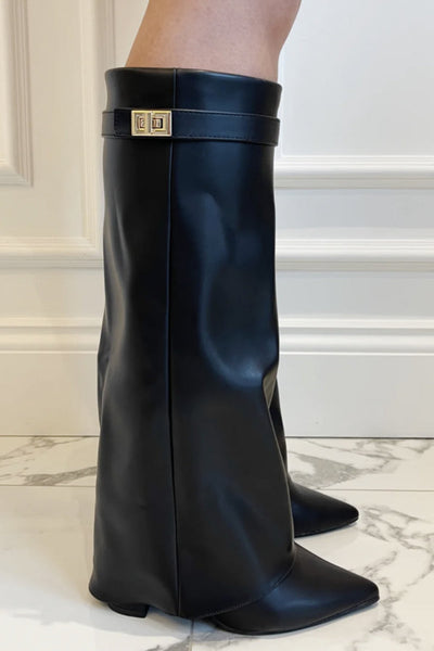 Kniehohe Damenstiefel mit Blockabsatz & Klappe – Veganleder & Wildleder