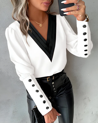 Maria | elegante bluse mit v-ausschnitt und farbigen  blöcken für mühelosen stil