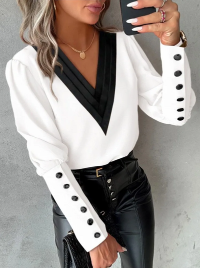 Lässige bluse mit v-ausschnitt und modernem touch für damen