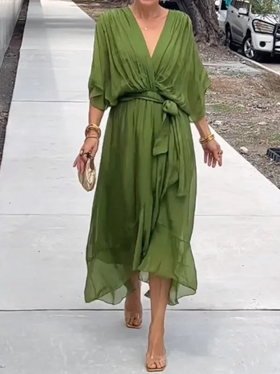 Fiona – grünes chiffon-midikleid mit v-ausschnitt
