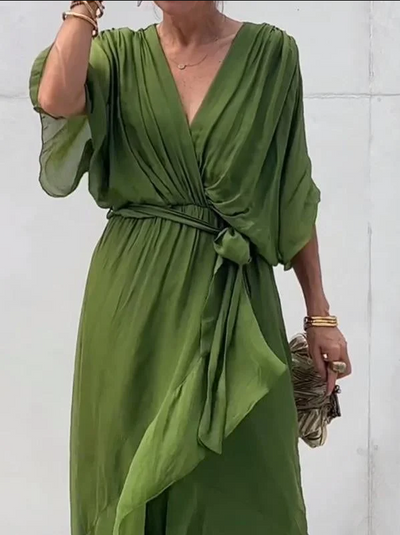 Fiona – grünes chiffon-midikleid mit v-ausschnitt