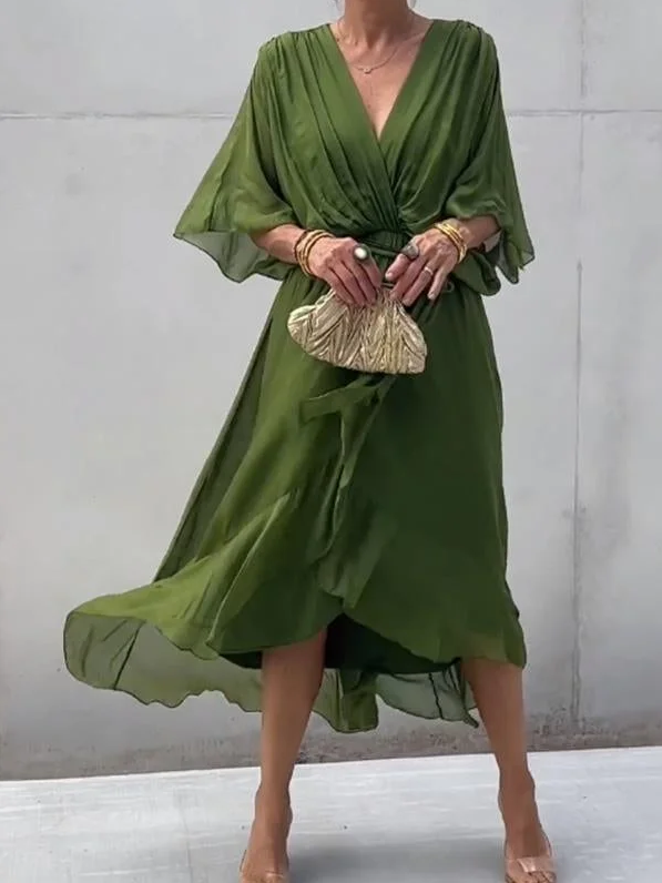 Fiona – grünes chiffon-midikleid mit v-ausschnitt