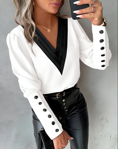 Maria | elegante bluse mit v-ausschnitt und farbigen  blöcken für mühelosen stil