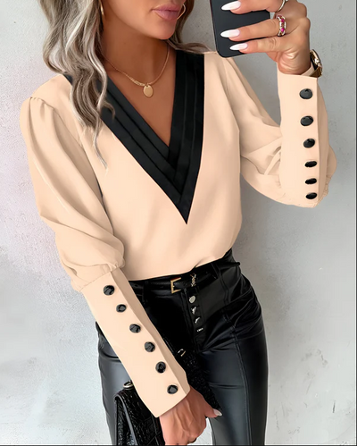 Maria | elegante bluse mit v-ausschnitt und farbigen  blöcken für mühelosen stil