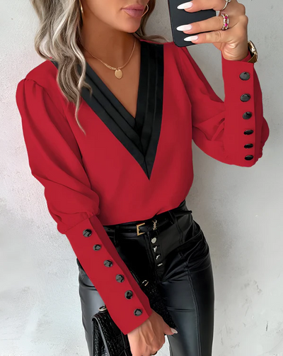 Maria | elegante bluse mit v-ausschnitt und farbigen  blöcken für mühelosen stil
