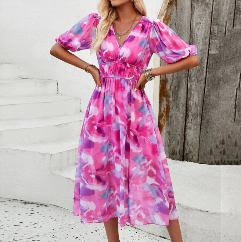 Alette - midikleid mit puffärmeln und blumenprint