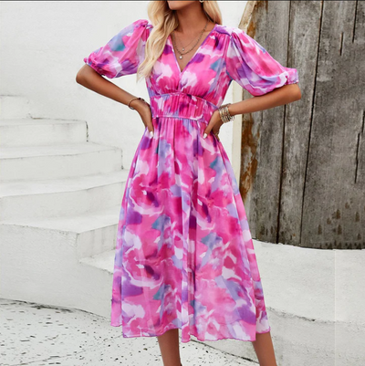 Alette - midikleid mit puffärmeln und blumenprint