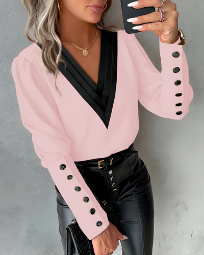 Maria | elegante bluse mit v-ausschnitt und farbigen  blöcken für mühelosen stil