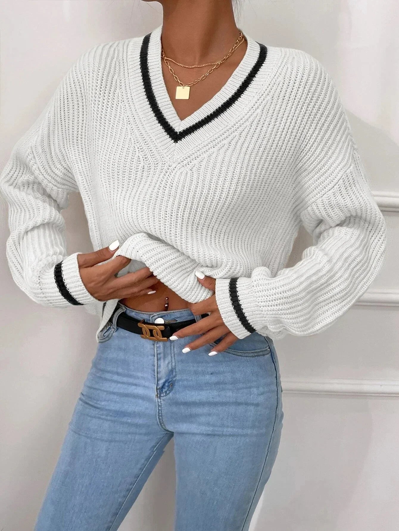 Marina | Gestreifter Waffelstrick-Pullover
