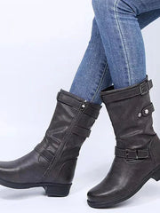 Stiefel Damen im Bikerstil mit Schnallen – Grau