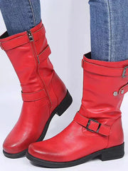 Stiefel Damen im Bikerstil mit Schnallen – Rot