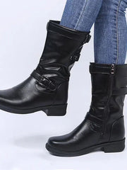 Stiefel Damen im Bikerstil mit Schnallen – Schwarz