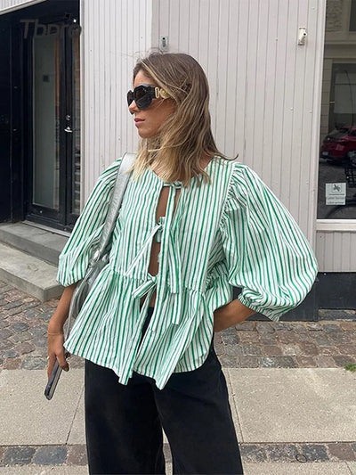 Damen Sommer-Top mit Puffärmeln – Gestreift, Leicht & Trendy