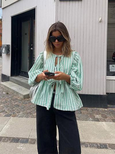 Damen Sommer-Top mit Puffärmeln – Gestreift, Leicht & Trendy
