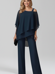 Jana | Damen Cold-Shoulder Fließender Wide-Leg Jumpsuit – Dunkelblau