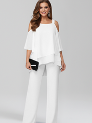 Jana | Damen Cold-Shoulder Fließender Wide-Leg Jumpsuit – Weiß