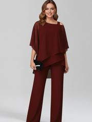 Jana | Damen Cold-Shoulder Fließender Wide-Leg Jumpsuit – Burgunder