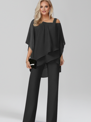 Jana | Damen Cold-Shoulder Fließender Wide-Leg Jumpsuit – Schwarz