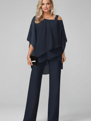 Isabella | Damen Off-Shoulder Fließender Wide-Leg Jumpsuit – Dunkelblau