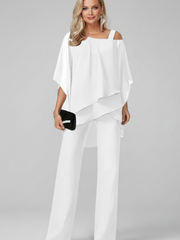 Isabella | Damen Off-Shoulder Fließender Wide-Leg Jumpsuit – Weiß