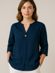 Stefanie | Damen Locker sitzende Bluse mit V-Ausschnitt und Knopfdetails – Marineblau