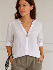Stefanie | Damen Locker sitzende Bluse mit V-Ausschnitt und Knopfdetails – Weiß