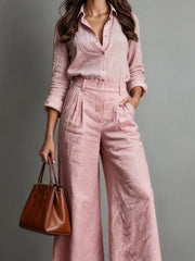 Damen-Leinen-Set: Bluse und Caprihose – Rosa