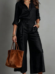 Damen-Leinen-Set: Bluse und Caprihose – Schwarz