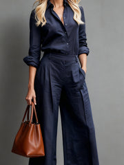 Damen-Leinen-Set: Bluse und Caprihose – Marineblau