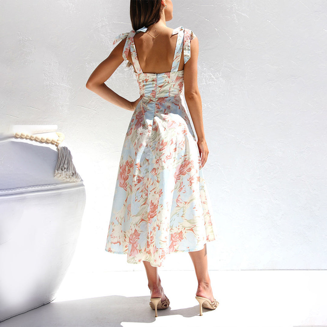 Geblümtes Sommer-Midikleid – Ärmellos, Bindebänder, Leichtes Material
