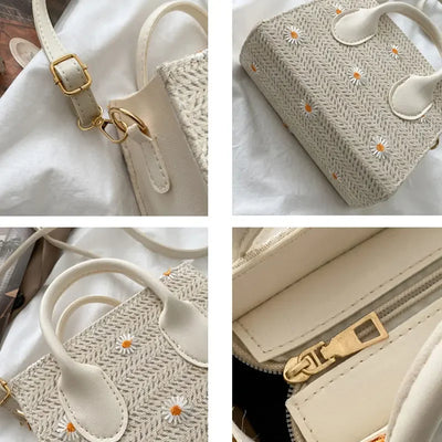 Strohtasche fur Damen – Geflochtene Handtasche mit Blumenakzenten