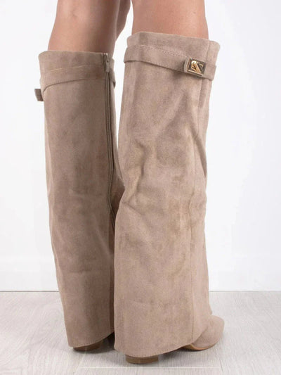 Kniehohe Damenstiefel mit Blockabsatz & Klappe – Veganleder & Wildleder