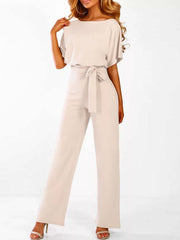Weites Bein Jumpsuit Damen – Gürtel & Kurzarm – Beige