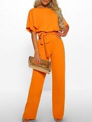 Weites Bein Jumpsuit Damen – Gürtel & Kurzarm – Gelb