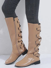 Brooke | Elegante kniehohe Reitstiefel mit goldenen Schnallen – Khaki