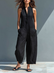 Damen-Jumpsuit aus Leinenmischung, ärmellos, mit Knopfleiste – Schwarz