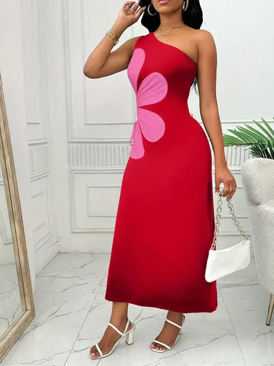 Maggie - modisches rotes damenkleid mit einer schulter und rosa blumendruck, ärmellos