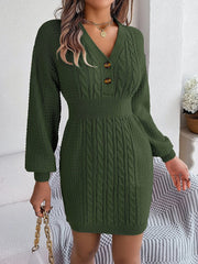 Nina | Damen Strickkleid stilvoll langärmlig & mit Knöpfen – Grün
