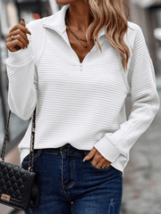 Almeke | Damen Gerippter Pullover mit Reißverschluss – Weiß