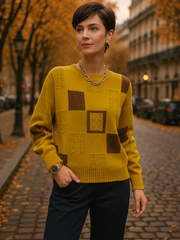 Almira | Damen Strickpullover Patchwork Rundhals – Gelb