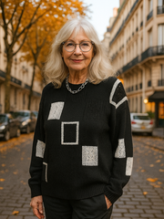 Almira | Damen Strickpullover Patchwork Rundhals – Schwarz