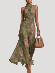 Amadea | Damen Neckholder Blumenkleid Maxikleid – Grün