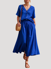 Arlinde | Damen Zweiteiler V-Ausschnitt Midi Rock Set – Blau