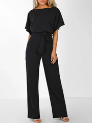Weites Bein Jumpsuit Damen – Gürtel & Kurzarm – Schwarz