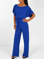 Weites Bein Jumpsuit Damen – Gürtel & Kurzarm – Blau