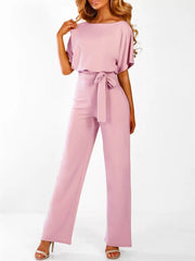 Weites Bein Jumpsuit Damen – Gürtel & Kurzarm – Rosa
