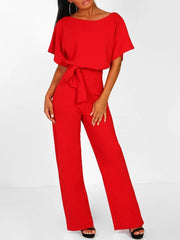 Weites Bein Jumpsuit Damen – Gürtel & Kurzarm – Rot